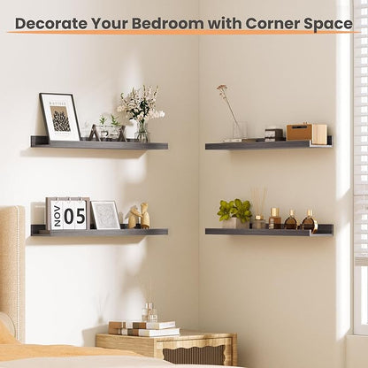 upsimples Floating Shelves for Wall, 23.6 Inch Shelves for Decor Storage Set of 6, Wall Mounted Wood Shelf for Bedroom, Living Room, Bathroom, Kitchen, Long Picture Ledge Shelves, Grey
