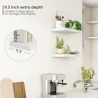 Fun Memories Deep Floating Shelves - 16" W x 9.3" D x 1.6" H Rustic White Wall Shelf - Wall Mounted Shelves for Storage - Wooden Shelves with Invisible Brackets for Living Room, Farmhouse - Set of 2