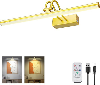 Picture Light,Picture Lights for Wall Cordless,16" Picture Lights with Timer and Dimmable,Battery Wall Lights for Display Gallery Painting Art Frame Portrait-Plated Gold 2Color