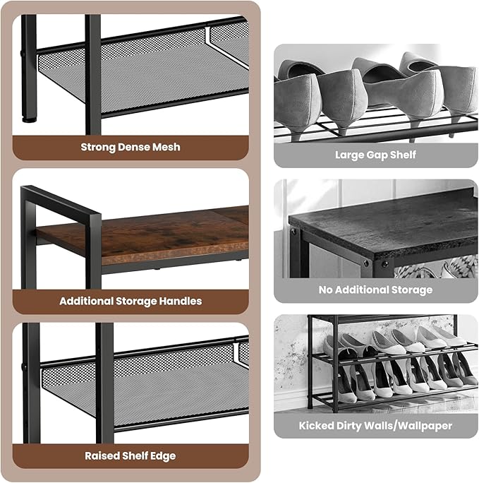 5 Tier Shoe Rack for Entryway, Metal Shoe Rack Heavy Duty with Wooden Top & Adjustable Mesh Shelves, Shoe Storage Organizer for Front Door Entrance/Closet/Bedroom/Dorm/Garage