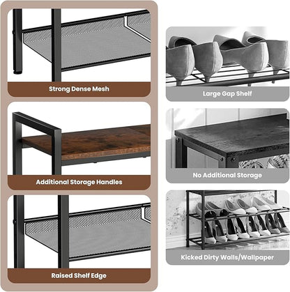 4 Tier Shoe Rack for Entryway, Metal Shoe Rack Heavy Duty with Wooden Top & Adjustable Mesh Shelves, Shoe Storage Organizer for Front Door Entrance/Closet/Bedroom/Dorm/Garage