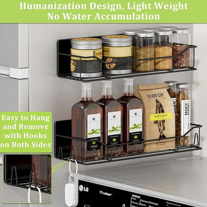 Magnetic Spice Rack for Refrigerator, 9 Pack Magnetic Fridge Shelves W/Adjustable Paper Towel Holder, Hook Rack, Moveable Spice Organizer Shelf for Kitchen Organization and Storage (Black)