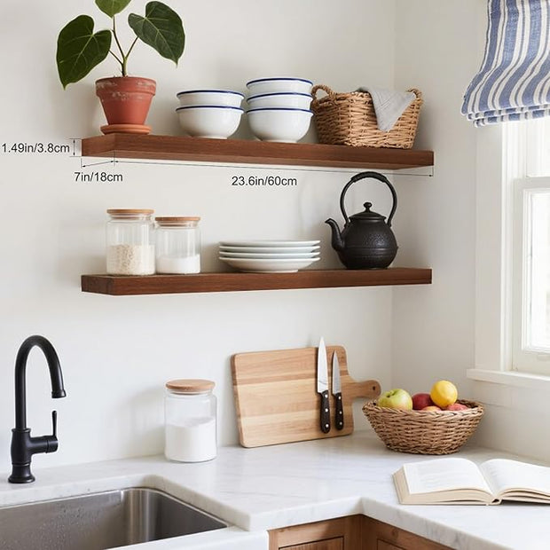 Floating Shelves for Wall, Bathroom Shelves Over Toilet, Wall Shelves & Book Shelf for Room, Hanging Shelf, Modern Wooden Mounted Floating Shelves, 24x7x1.5 in (Walnut-Like, Set of 2)