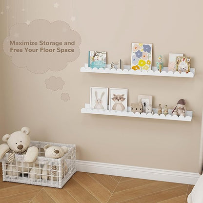 Fun Memories 36 Inch Scalloped Nursery Shelf, White Picture Ledge for Wall, Set of 2, Kids Book Shelves with Floating Design for Kids Rooms, Bedroom