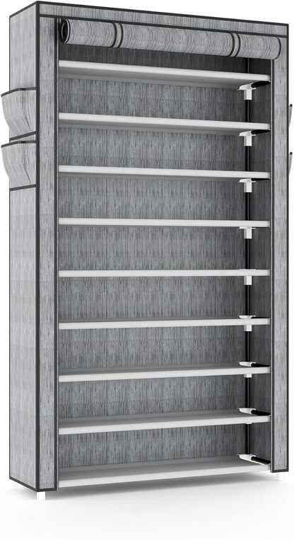 Shoe Rack with Cover Narrow Shoe Organizer with Pockets 10 Tier Tall Shoe Storage Holds 36-41 Pairs Shoes and Boots Shoe Rack for Closet Entryway Garage, Printing
