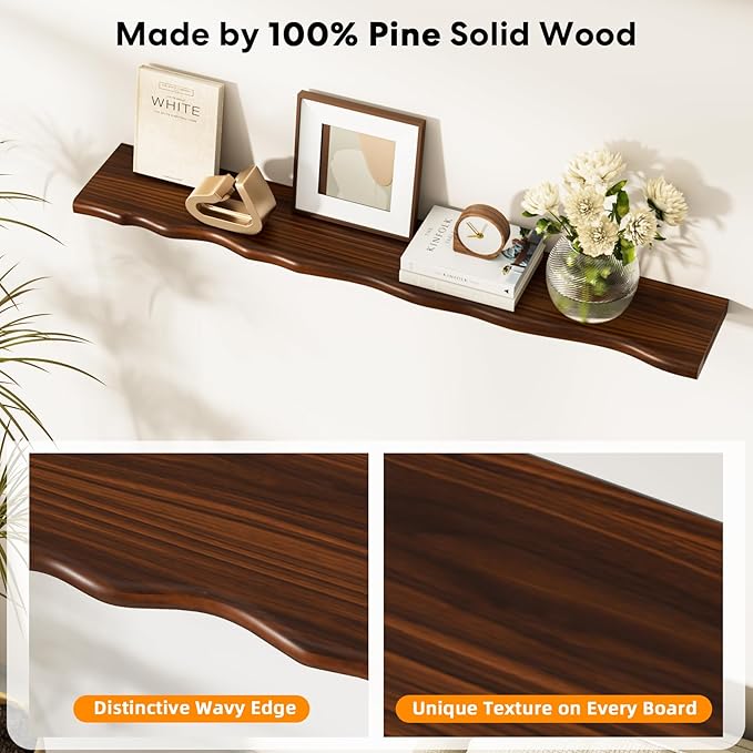 Floating Shelves for Wall Rustic Farmhouse 48 Inch Floating Shelf Bathroom Wooden Shelves for Wall Mounted Live Edge Pine Shelf with Unique Natural Grain for Living Room Bedroom Kitchen (Walnut)