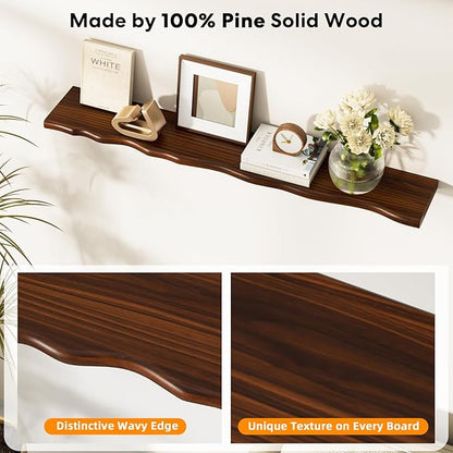 Floating Shelves for Wall Rustic Farmhouse 48 Inch Floating Shelf Bathroom Wooden Shelves for Wall Mounted Live Edge Pine Shelf with Unique Natural Grain for Living Room Bedroom Kitchen (Walnut)