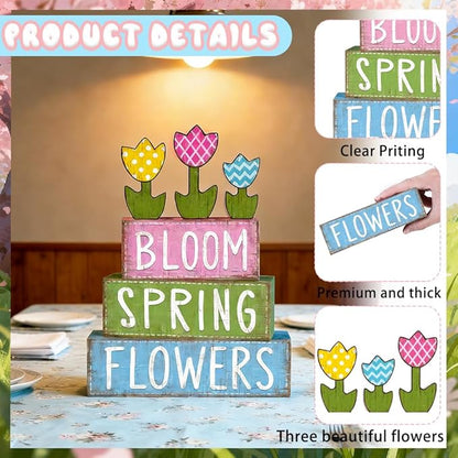 DIYDEC 6Pcs Spring Tabletop Decorations Colorful Tulip Wooden Block Signs Rustic Pastel Flower Tiered Tray Decor Spring Centerpiece Farmhouse Wood Tulip Table Sign for Kitchen Home Office Party Decor