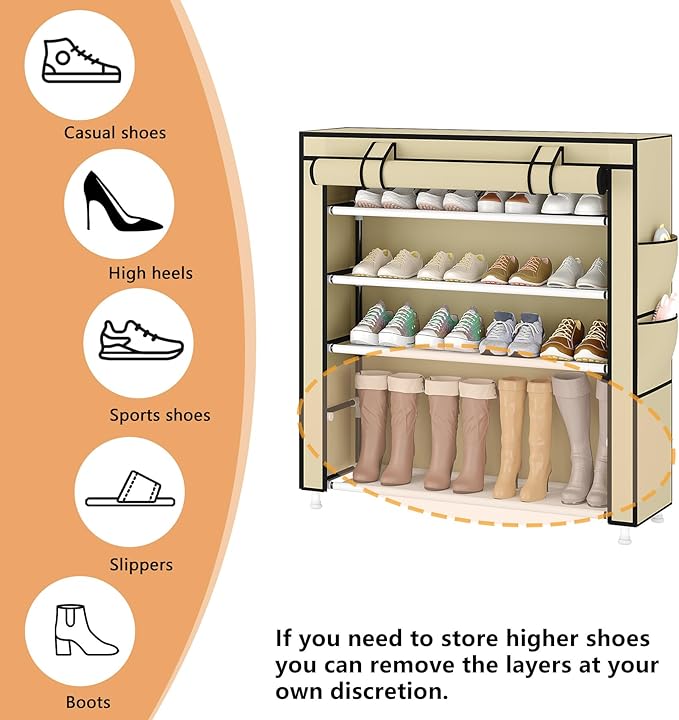 Laiensia 5-Tier Vertical Shoe Rack Organizer, Space Saving Shoe Storage Organizer, Non-Woven Cover Shoe Shelf Holds 20-25Pairs for Bedroom, Hallway, Closet Entryway, Beige