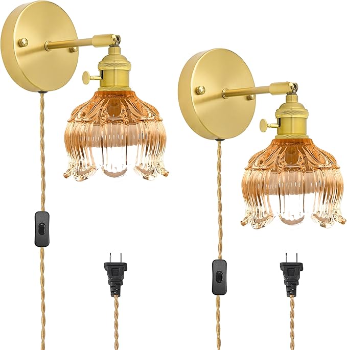 Plug in Wall Sconces Set of 2, Plug in Wall Lamp, Vintage Wall Light with Amber Tulip Glass Lampshade, 3-Way Dimmable with Dual Switches, No Wiring Needed for Bedroom Wall Decor and Hallway