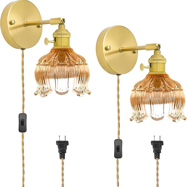 Plug in Wall Sconces Set of 2, Plug in Wall Lamp, Vintage Wall Light with Amber Tulip Glass Lampshade, 3-Way Dimmable with Dual Switches, No Wiring Needed for Bedroom Wall Decor and Hallway