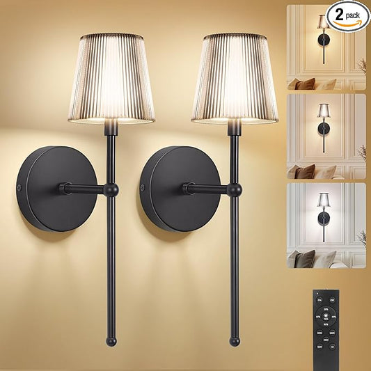 Kimjo Battery Operated Wall Sconce Set of 2, 5200mAh Rechargeable Wireless Wall Sconces Lights with Dimmable Timer Remote, Cordless Black Wall Light for Bedroom Living Room Hallway Decor