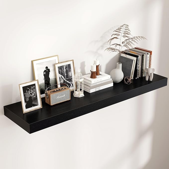 Floating Shelves for Wall, 48 Inch Wide x 12 Inch Deep Floating Shelves, Long Wood Floating Wall Shelf Shelves for Living Room Bathroom Bedroom Kitchen Home - (Black, 48