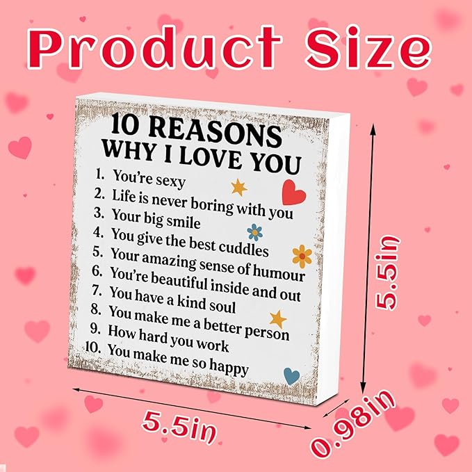 Valentines Desk Decor, Valentine's Day Home Office Table Sign for Wife Daughter from Dad Husband, Valentine Gifts Decorations for Porch Tiered Tray Shelf Party, 10 Reasons Why I Love You