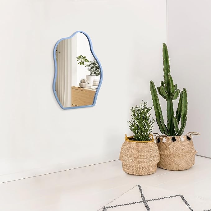 Blue Irregular Wooden Framed Wall Mirror Modern Asymmetrical Unique Hanging Mirror Artistic Unique Cloud Shape Wall Mirror Decor Bathroom Vanity Bedroom Living Room Entryway Hallway Small