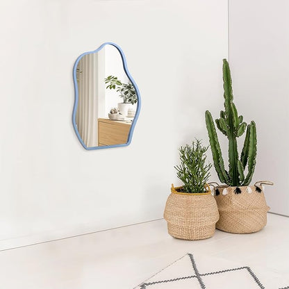 Blue Irregular Wooden Framed Wall Mirror Modern Asymmetrical Unique Hanging Mirror Artistic Unique Cloud Shape Wall Mirror Decor Bathroom Vanity Bedroom Living Room Entryway Hallway Small