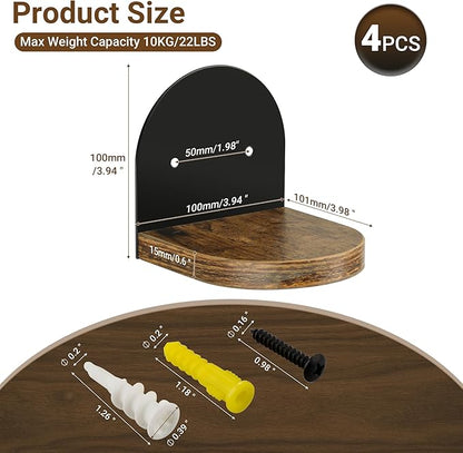 SAYAYO Small Floating Shelves for Wall Storage, 4 x 4 Inch Wall Shelves for Bedroom Decor, Mini Display Wood Shelf Organizer with Black Base for Living Room, Office, Balcony, Rustic Brown，4 Pcs