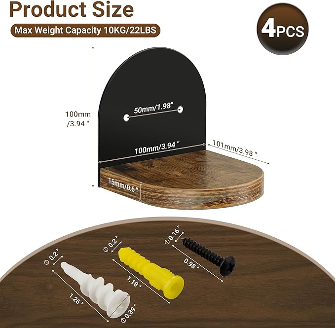 SAYAYO Small Floating Shelves for Wall Storage, 4 x 4 Inch Wall Shelves for Bedroom Decor, Mini Display Wood Shelf Organizer with Black Base for Living Room, Office, Balcony, Rustic Brown，4 Pcs