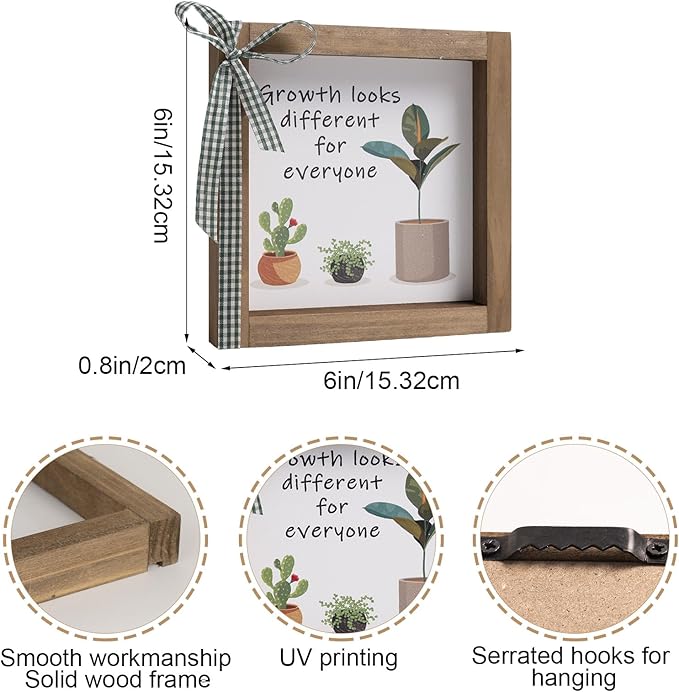 6 Inch Office Desk Decor, Wooden Growth Looks Different for Everyone Plant Sign, Rustic Motivational Art for Cubicle Table Shelf Classroom Inspirational Home Decorations