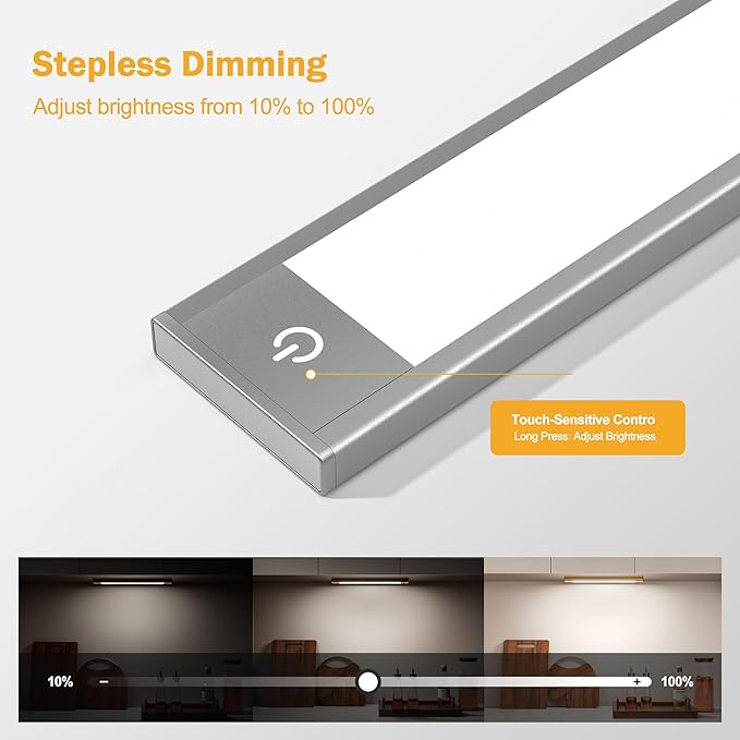 V4light Rechargeable Motion Sensor Under Cabinet Light, Magnetic LED Bar with 1500mAh Battery, Silver Aluminum Cabinet Lighting, Dimmable 3 Color Temperatures for Kitchen, Pantry & Closets (9 in)