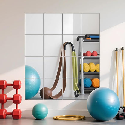Ruomeng Home Gym Mirrors 14" x 12" x 16Pcs Wall Mounted Mirror Glass Frameless Full Length Mirror Tiles for Home Gym, Bedroom, Door & Bathroom