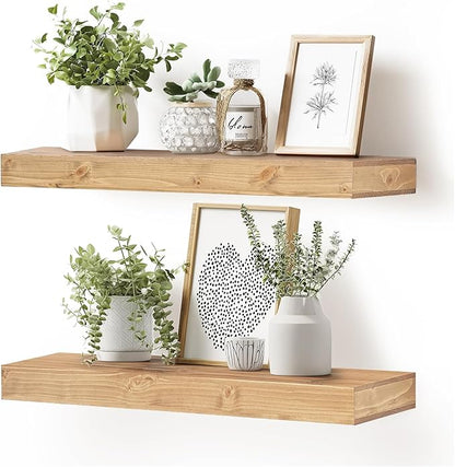 24x6.8x2 Inch Rustic Floating Shelves for Wall Set of 2 - Oak Solid Wood Wall Mounted Shelves with Invisible Bracket, Extended Design for Farmhouse Living Room Bedroom Kitchen Decor