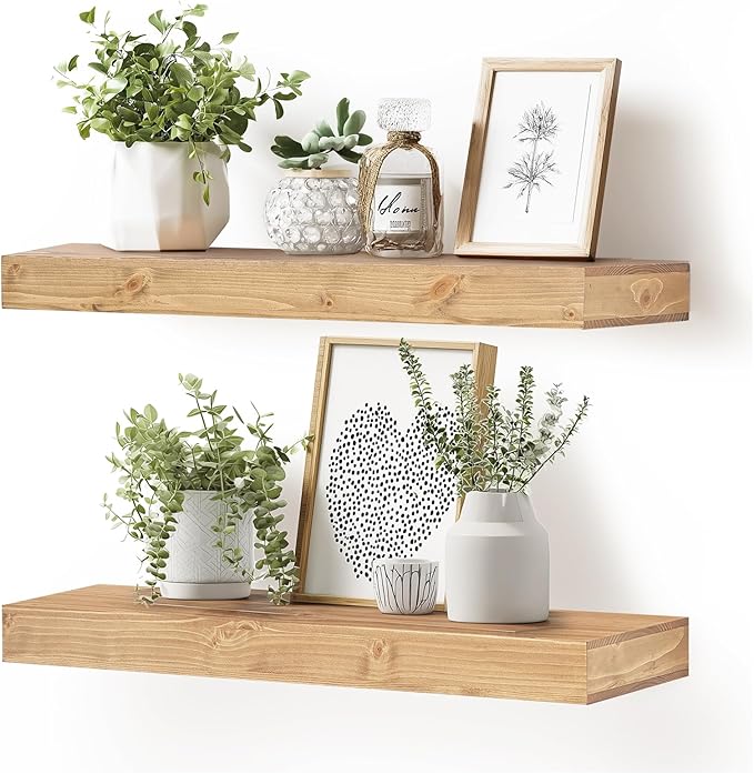 24x6.8x2 Inch Rustic Floating Shelves for Wall Set of 2 - Oak Solid Wood Wall Mounted Shelves with Invisible Bracket, Extended Design for Farmhouse Living Room Bedroom Kitchen Decor