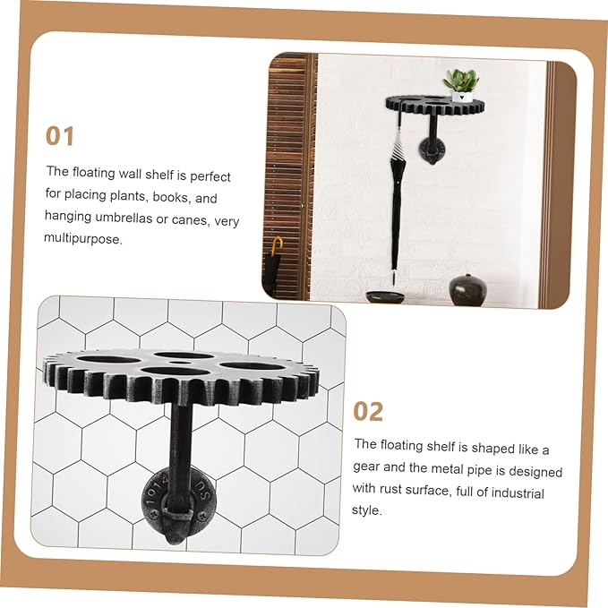 Gear Shaped Wall Floating Shelf 9.44X9.44X6.88In Vintage Industrial Style Wall Mounted Floating Shelf for Plants Books Bathroom Decor