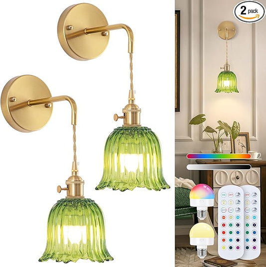 Battery Operated Wall Sconce with Remote, Rechargeable Dimmable Wall Sconces Set of 2, Adjustable Chain Wireless Indoor 12 Colors RGB Wall Lamp for Living Room Bedroom