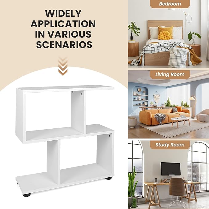 Giantex Set of 2 3-Tier Geometric Bookshelf, 24’’ Tall Wood S-Shaped Display Shelves with Thick Foot Pads, Freestanding Open Shelves Nightstand, Floor Standing Display Shelf Bookcase