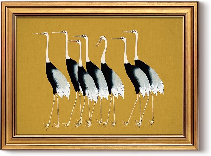 HUARCEY Gold Framed Vintage Wall Art for Living Room, Animals Painting Prints Shelf Decor for Kitchen, Aesthetic Bedroom Wall Art Decor, Christmas Gifts for Friends or Family (Seven Cranes 12