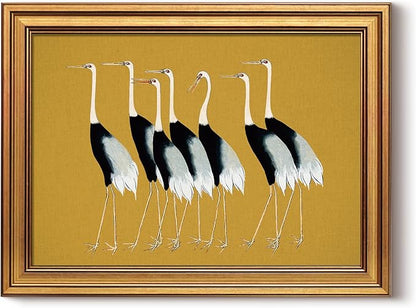 HUARCEY Gold Framed Vintage Wall Art for Living Room, Animals Painting Prints Shelf Decor for Kitchen, Aesthetic Bedroom Wall Art Decor, Christmas Gifts for Friends or Family (Seven Cranes 12"x16")