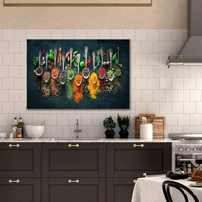 Framed Large Kitchen Wall art Pictures Decor Couful Spice in Spoon Vintage Canvas Wall Art Food Photos Painting On Canvas Home Decoration Gift Ready to Hang 24x36inch