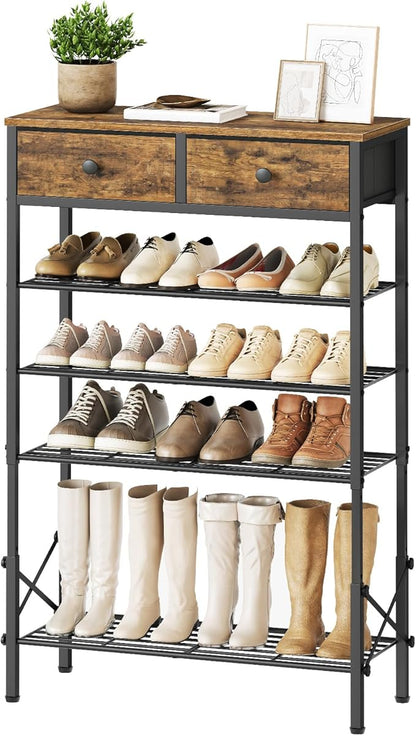 5 Tier Shoe Rack with Adjustable Height (37.4”-44.5”), Shoe Storage Shelf with 2 Non-Woven Drawers, Wooden Shoe Organizer for Entryway, Cloakroom, Rustic Brown and Black SS11BR