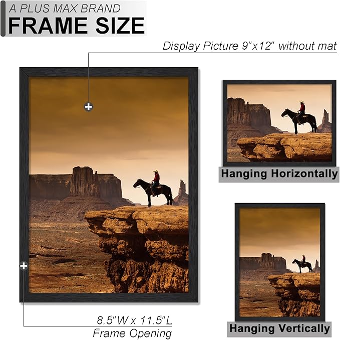 A PLUS MAX 9x12 Picture Frame Set of 6, Black Engineered Wood Frame for 9 x 12 Inch Picture Poster Photo, Light Weight 9 by 12 Frame with Wood-grain for Wall - 6 Pack/Black/9
