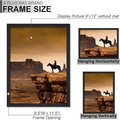 A PLUS MAX 9x12 Picture Frame Set of 2, Black Engineered Wood Frame for 9 x 12 Inch Picture Poster Photo, Light Weight 9 by 12 Frame with Wood-grain for Wall - 2 Pack/Black/9"x12"