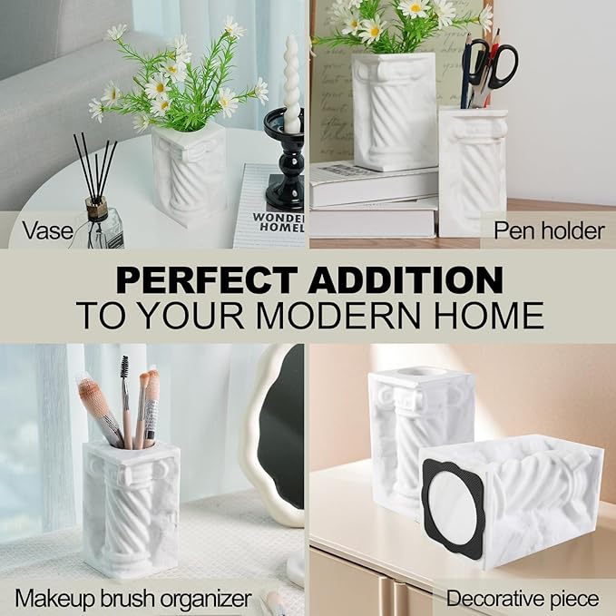 Decorative Roman Column Book Ends & Vase - Heavy Duty Marble Book Ends for Heavy Books, Vintage Home Office Decor, Dual Use as Flower Vase, Natural Stone Bookends for Shelves (2PC, White)