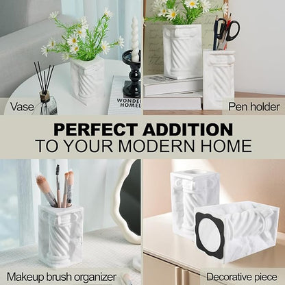 Decorative Roman Column Book Ends & Vase - Heavy Duty Marble Book Ends for Heavy Books, Vintage Home Office Decor, Dual Use as Flower Vase, Natural Stone Bookends for Shelves (2PC, White)
