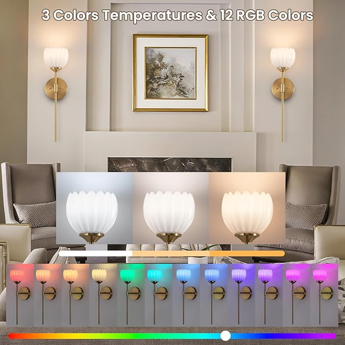 Vintage Battery Operated Wall Sconce Set of 2, Wall Lights with RGB Dimmable Bulbs and Remote,Rechargeable LED Wireless Wall Lamps for Living Room Hallway Bedroom