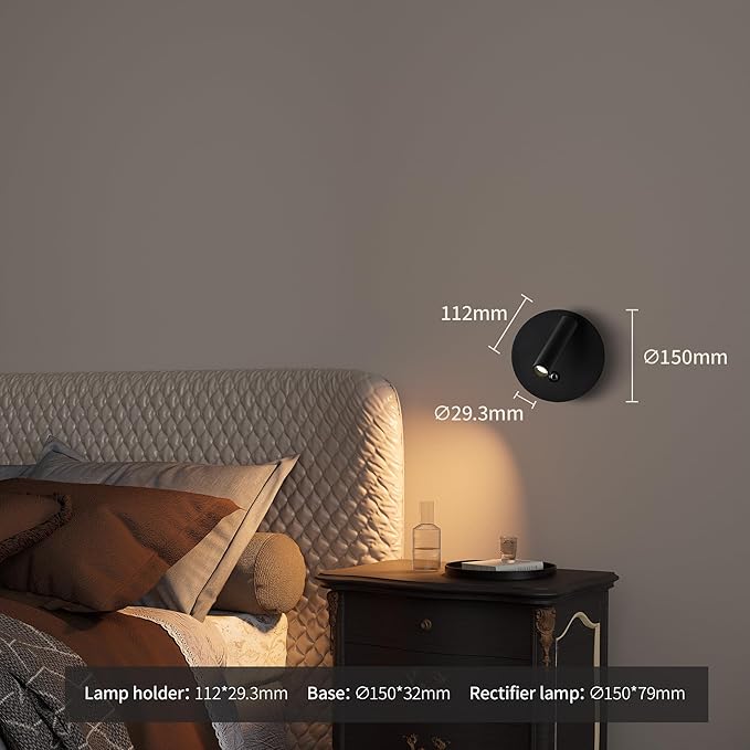 Aisilan 2-Pack Modern Wall Sconce with Touch Switch, Dimmable 6W Adjustable Wall Lamp, Dual-Mode Hardwired Bedside Lights, Black Wall Mounted Lighting for Bedroom, Living Room & Hallway