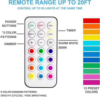 BLS LED Puck Lights with Remote Control, Wireless Under Cabinet & Closet Lighting, RGB 13 Color Changing Lights with Dimmer, Timer & AA Battery Operated, Push, Touch, Stick on for Night, White, 2 Pack