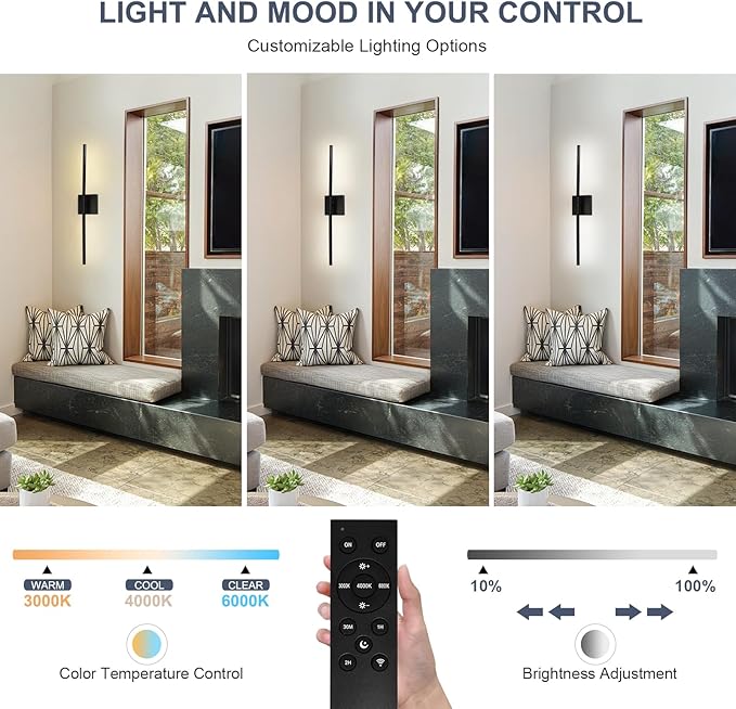 28 Inch Wall Sconces Set of 2 Battery Operated,10000mAh Black LED Wireless USB Rechargeable Wall Lights with Remote Control,360° Rotation LED Dimmable Picture Lamp for Living Room,Bedroom.