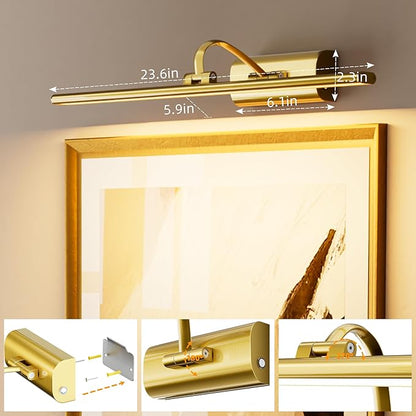 Picture Lights for Wall, 8000mAh Rechargeable Battery Operated Picture Light with Remote, 23.6" Dimmable 3 Colors Wireless Art Lighting for Paintings Picture Frame Gallery Dartboard, Brass