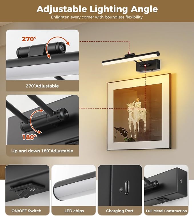 JUSHENG Black Picture Lights for Wall Battery Operated Gallery Lights 3CCT Dimmable Art Lamp Wireless Painting Lights for Display, Portraits 15.35'' Inch 3W