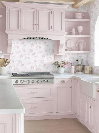 Dimoon 197"x17.3" Pink Wallpaper Floral Contact Paper Peel and Stick Wallpaper White Vintage French Country Renter Friendly Bathroom Boho Flower Removable Wall Paper Kitchen Self Adhesive Vinyl Roll