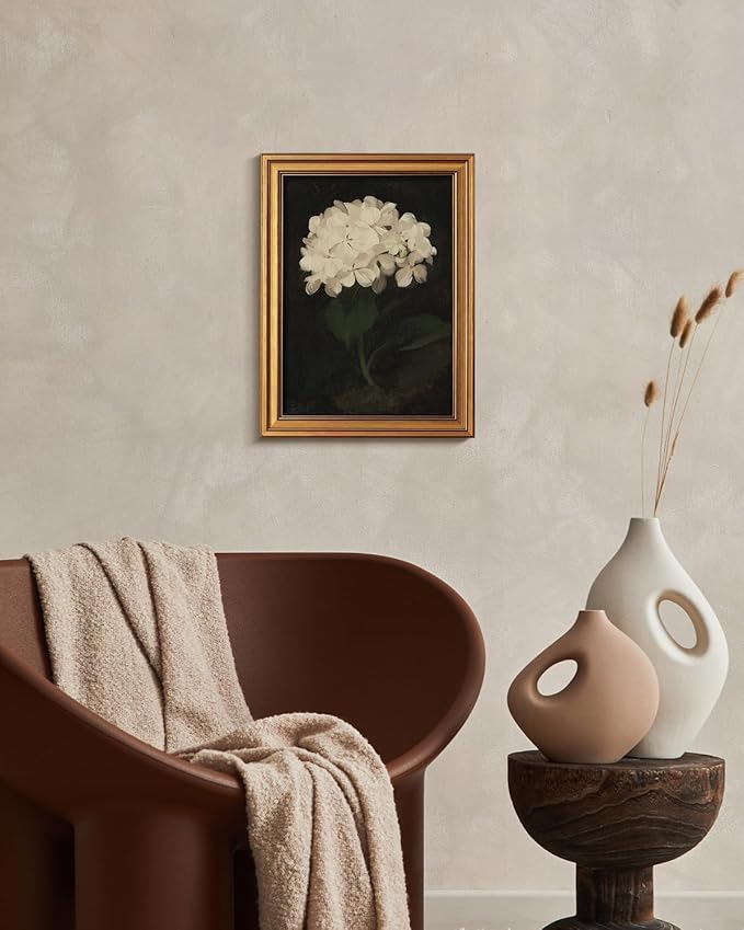 HUARCEY Gold Framed Vintage Wall Art for Living Room, Flowers Painting Canvas Prints Shelf Decor for Kitchen, Aesthetic Bedroom Wall Art, Christmas Gifts for Friends Family (White Hydrangea 12