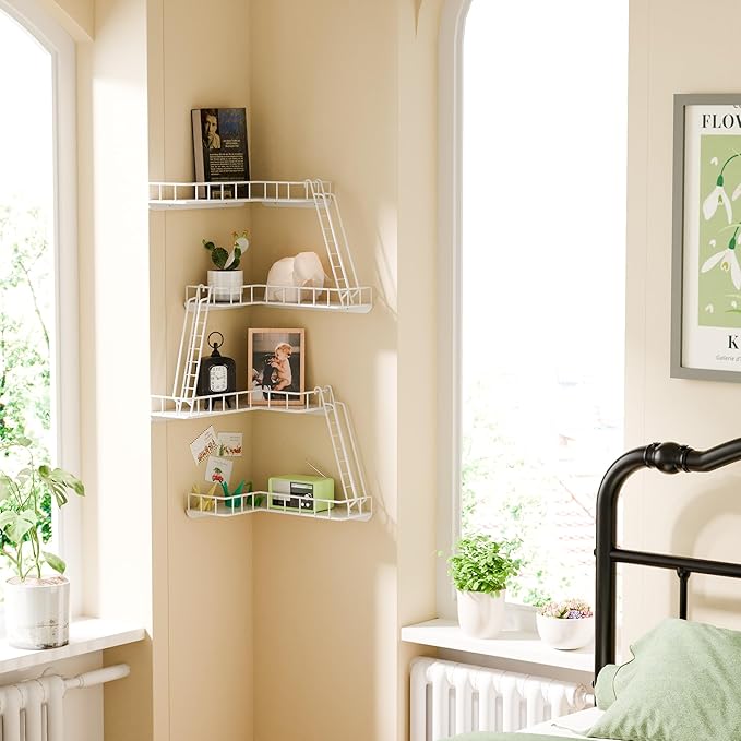 Fire Escape Wall Shelf - Modern City Style 4-Tier Corner Wall Shelves, Easy to Install Metal Ladder Shelf for Figures, New York Decorative Shelves for Bathroom, Living Room & Home Decor,White