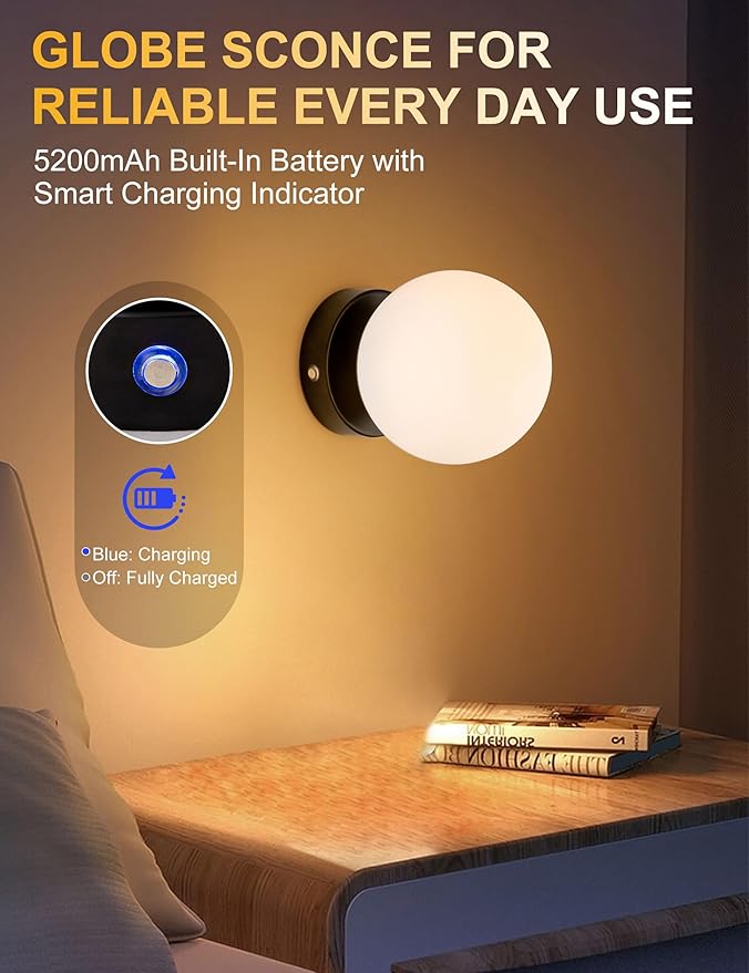 Battery Operated Rechargeable Wall Sconce Single, Matte Black Opal Glass Globe Wall Lamp, Wireless Touch & Remote Control, Dimmable 3 CCT + 12 RGB Colors for Bedroom Living Room Hallway