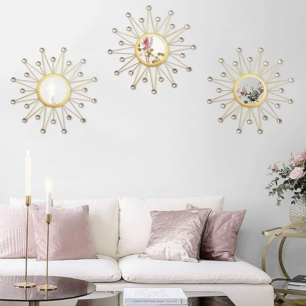Uaussi 3 Pack Crystal Sunburst Wall Mirror Décor Rhinestone Mirrors Decorative Home Wall Art for Living Room Bedroom Entryway (Triangle Burst Gold)
