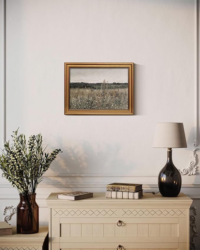 HUARCEY Gold Framed Canvas Wall Art Prints, Living Room Vintage Art Aesthetic, Wildflower Field Floral Landscape Paintings Farmhouse Decor, Retro Decoration for Bedroom Bathroom, 12x16Inch